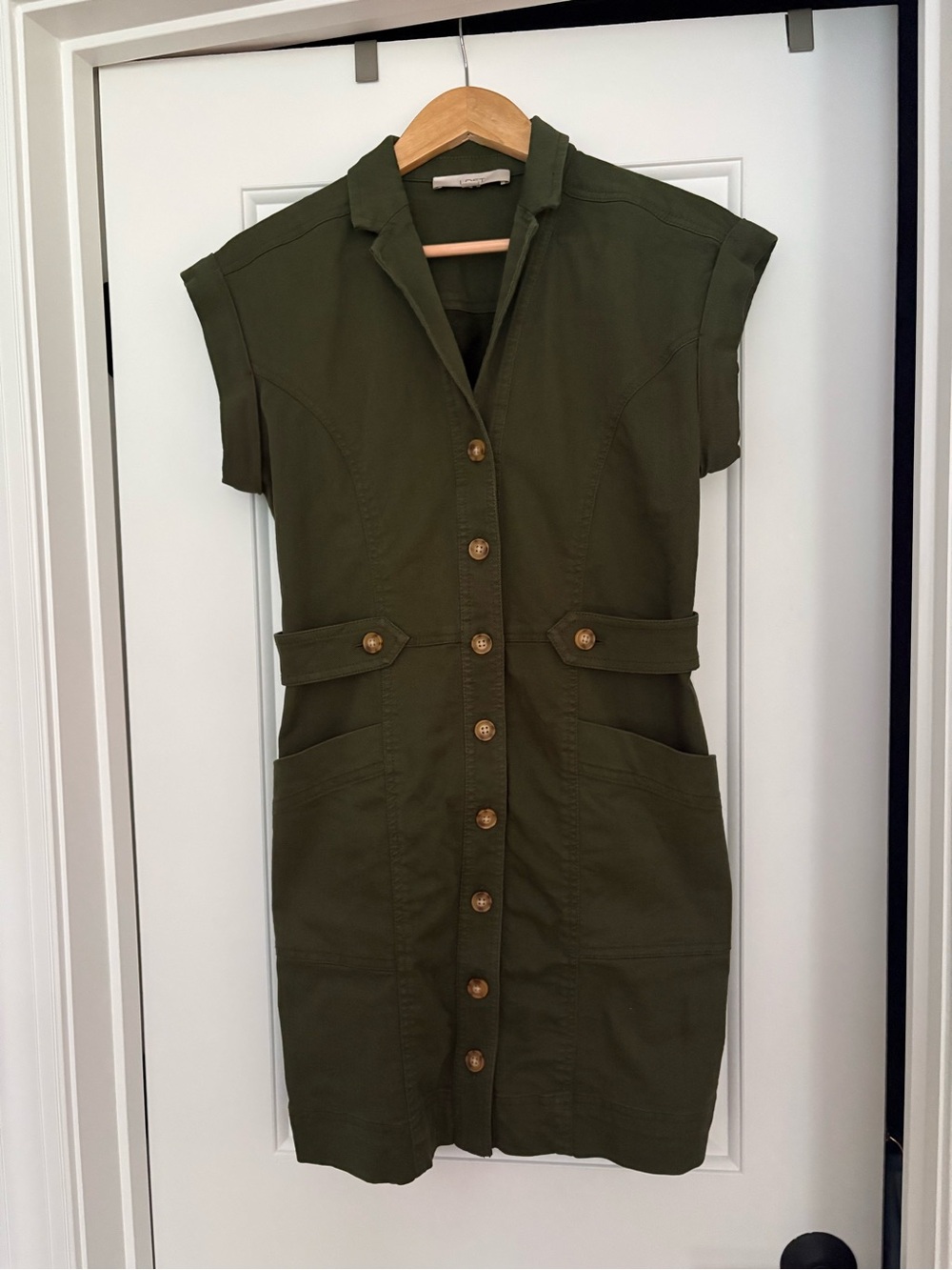 LOFT Olive Green Short Sleeve Button-Front Utility Mini Dress